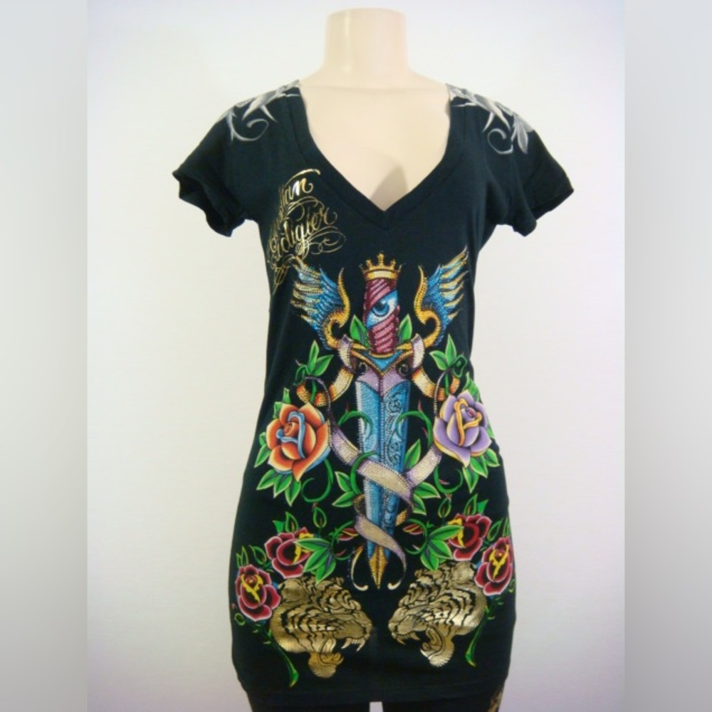 Christian Audigier Women Black Rhinestones Dagger Short Sleeve V Neck Shirt